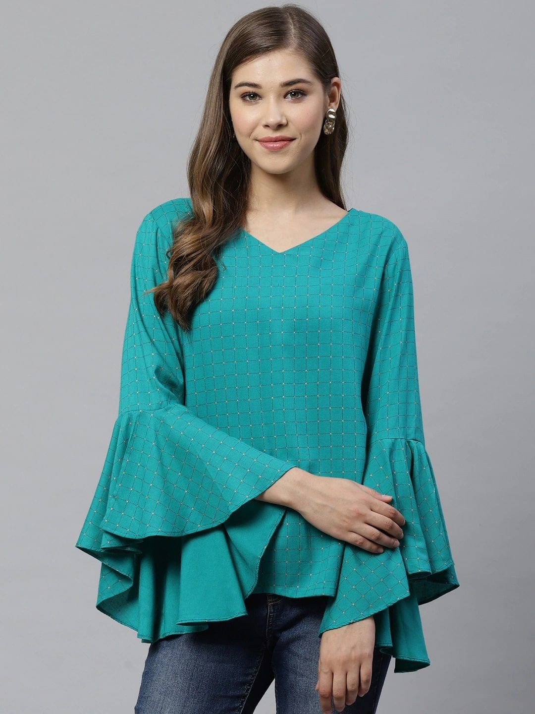

KALINI Women Bell Sleeve Top, Turquoise blue