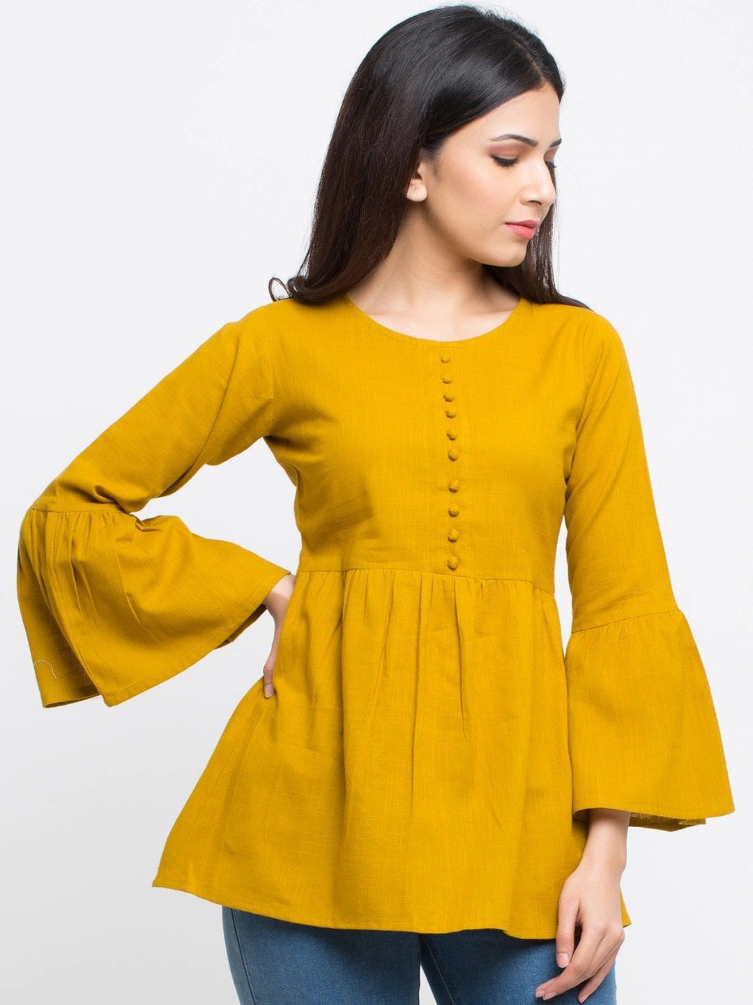 

KALINI Bell Sleeve Cotton Longline Top, Mustard