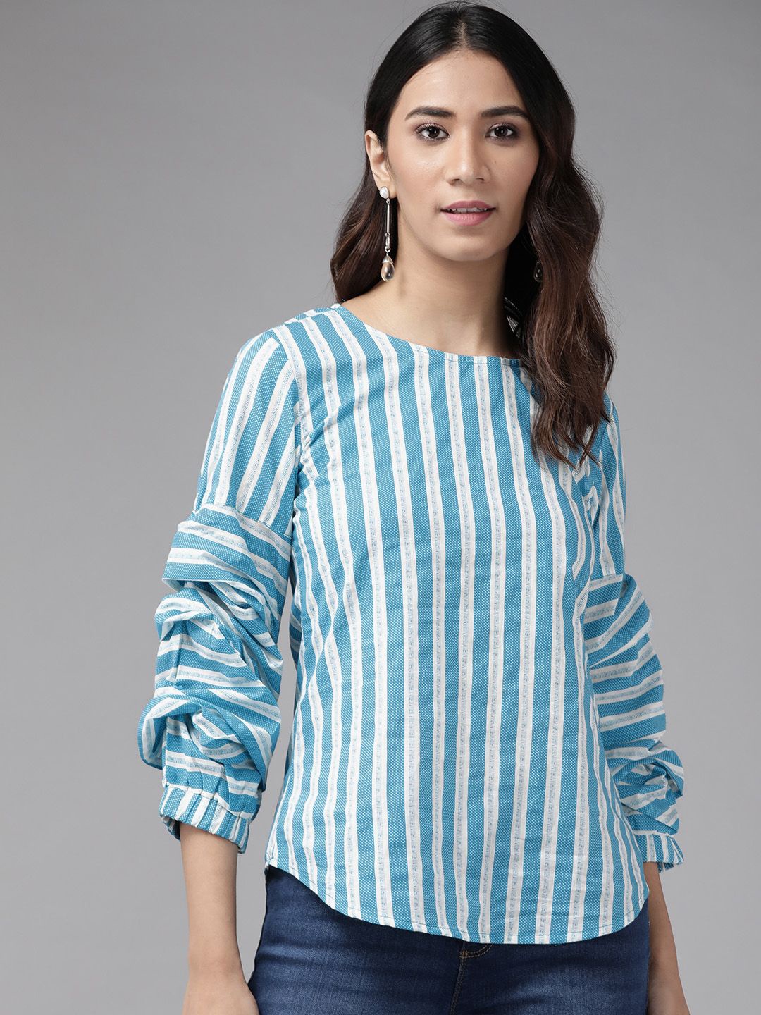 

KALINI Women Striped Mandarin Collar Cotton Top, Blue