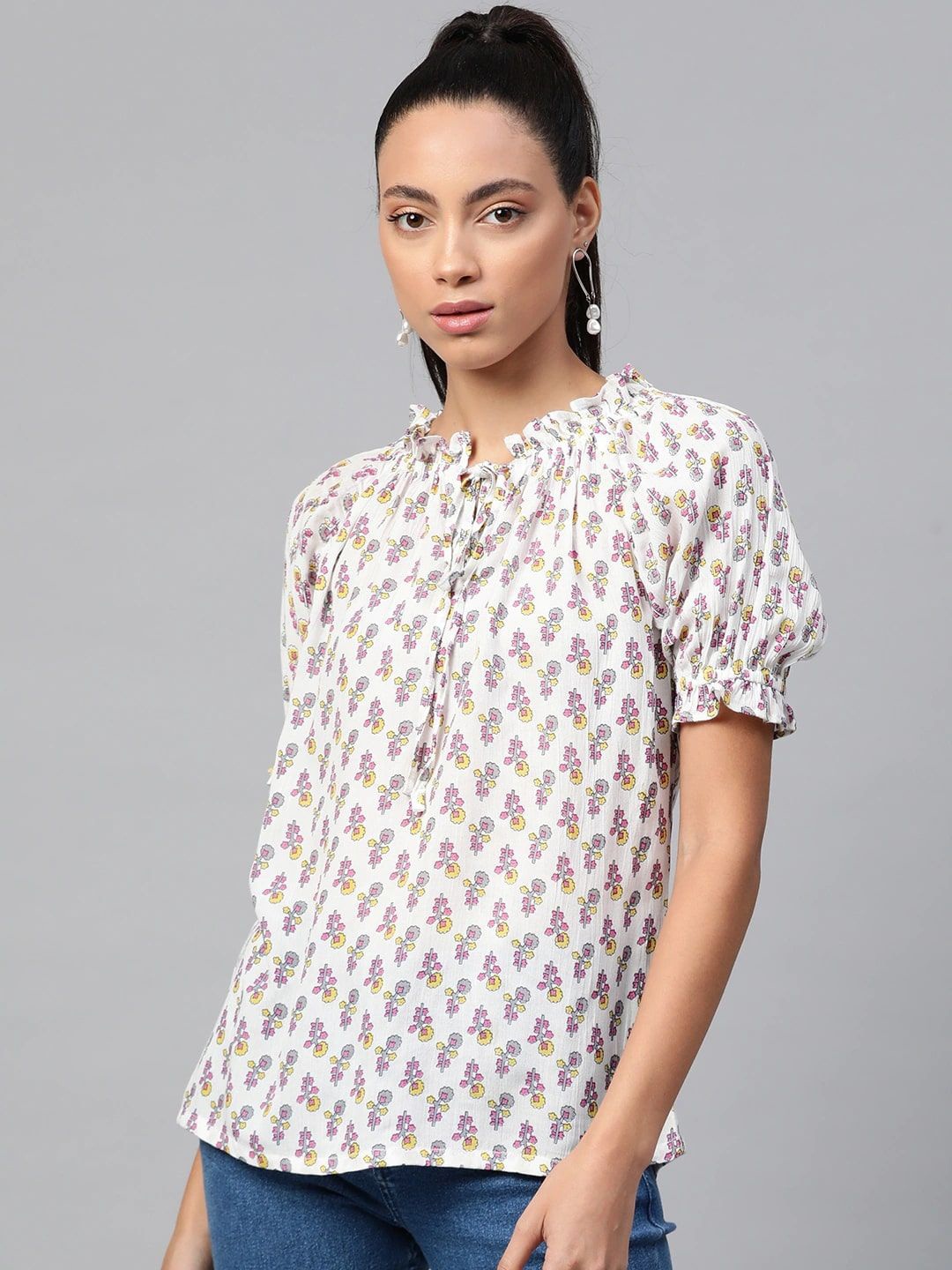 

KALINI Women Ethnic Motifs Print Tie-Up Neck Puff Sleeve Top, White