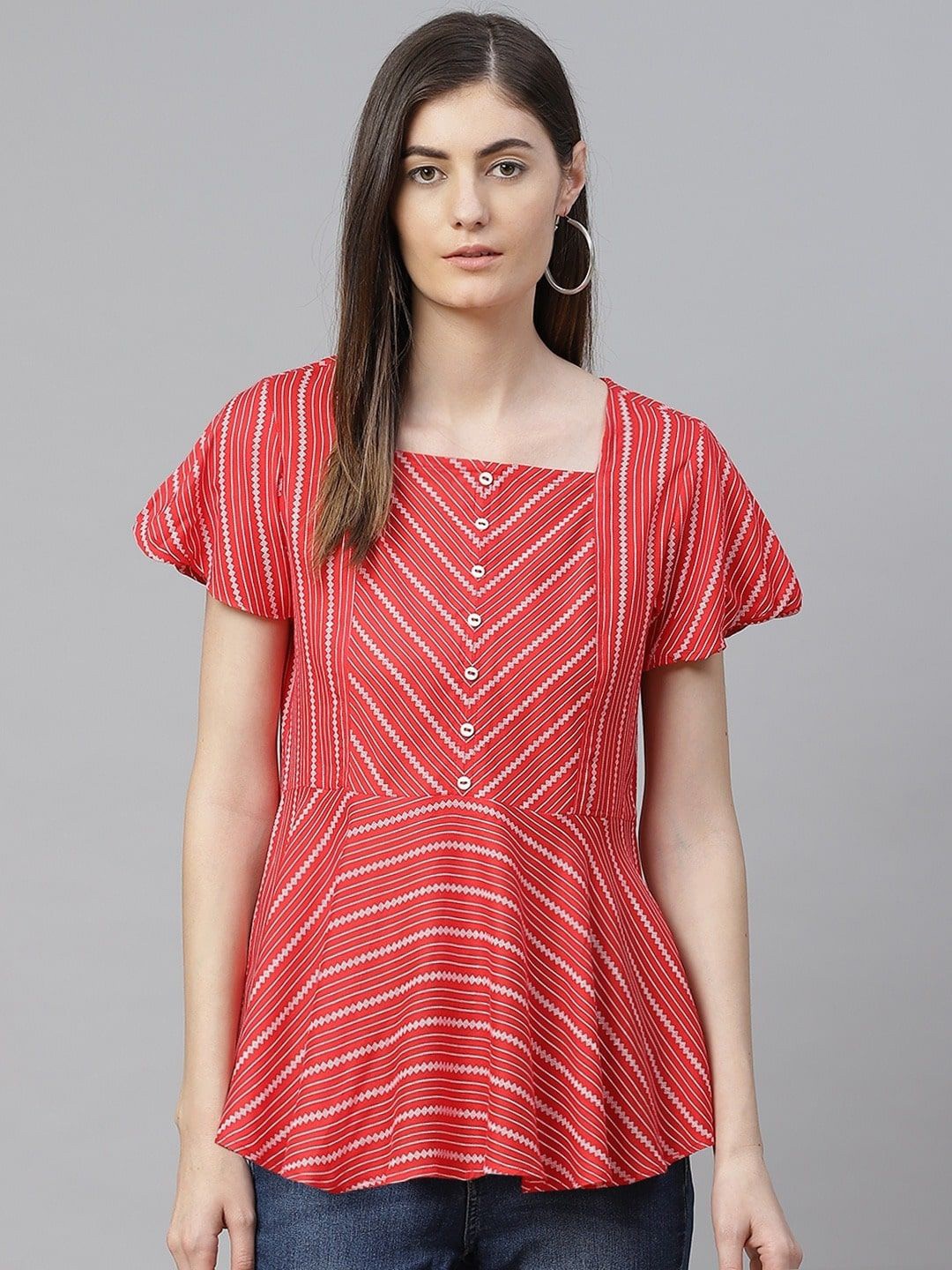 

KALINI Women Geometric Printed Flutter Sleeve A-Line Top, Red