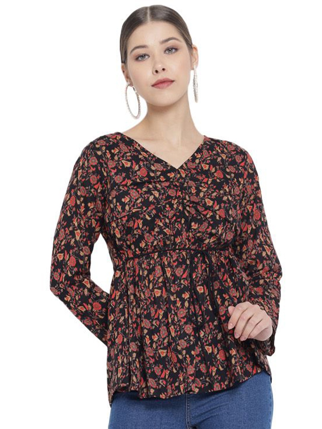 

KALINI Women Floral Print Cotton Top, Black