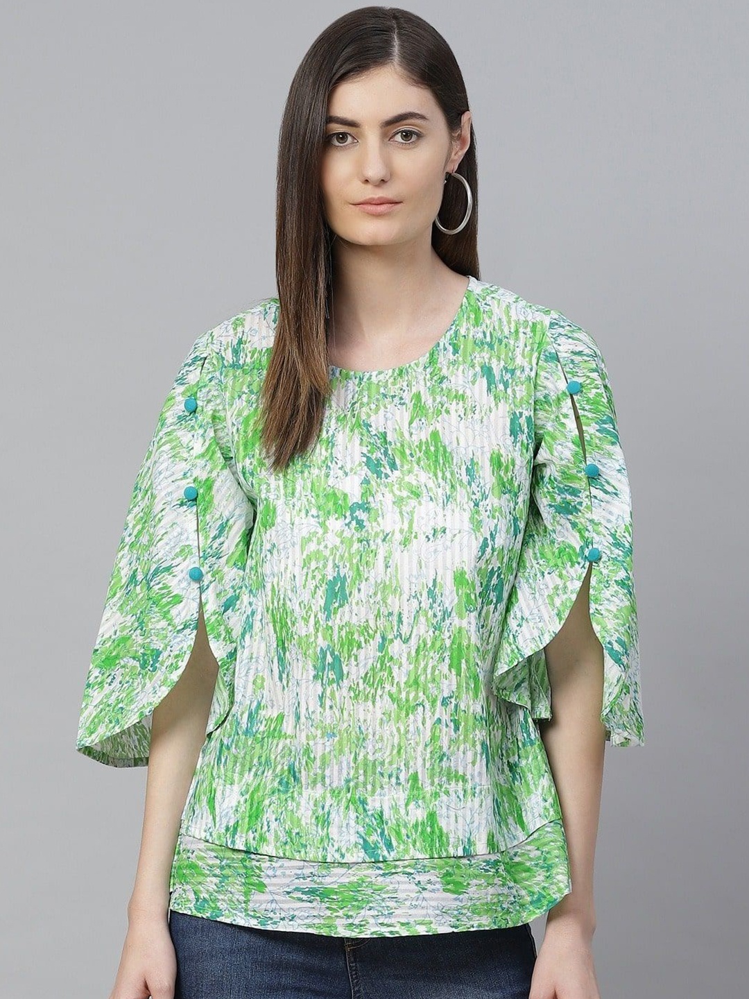 

KALINI Tropical Print Flared Sleeve Top, Green