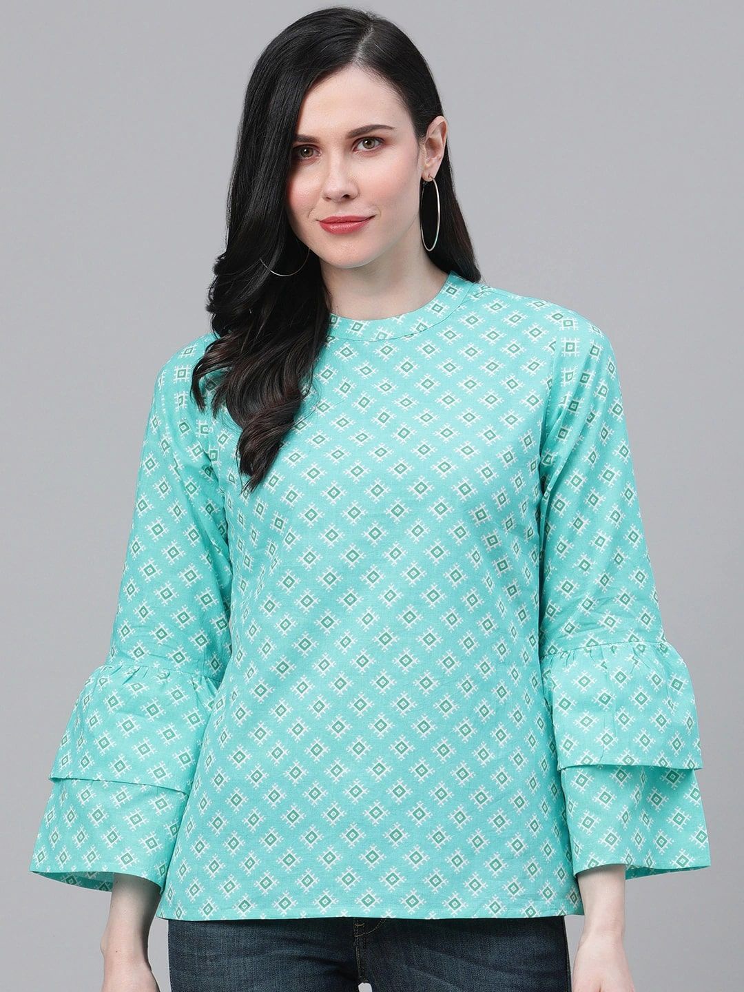 

KALINI Women Geometric Printed Bell Sleeve Cotton Top, Blue