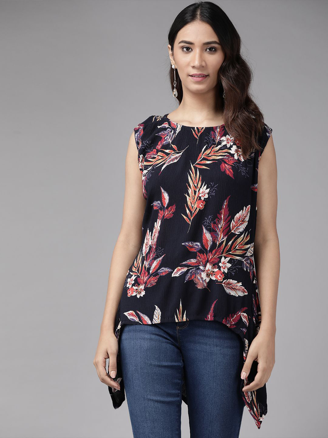

KALINI Women Tropical Print Round Neck Sleeveless Top, Blue