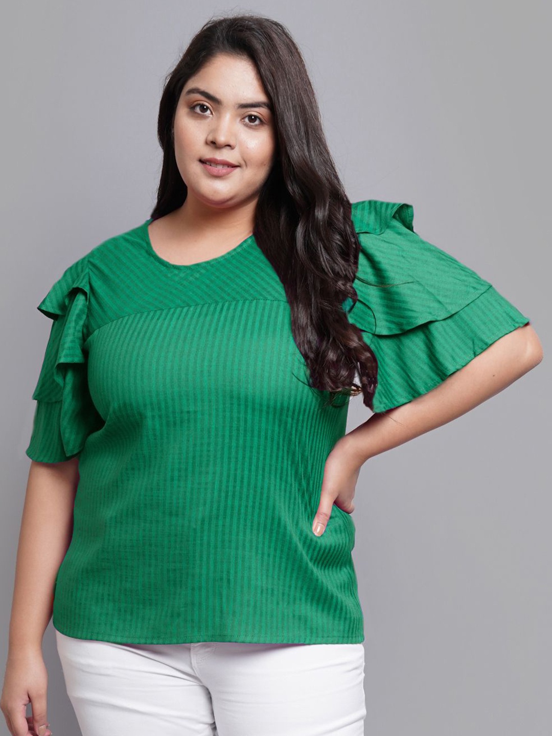 

KALINI Solid Striped Regular Top, Green