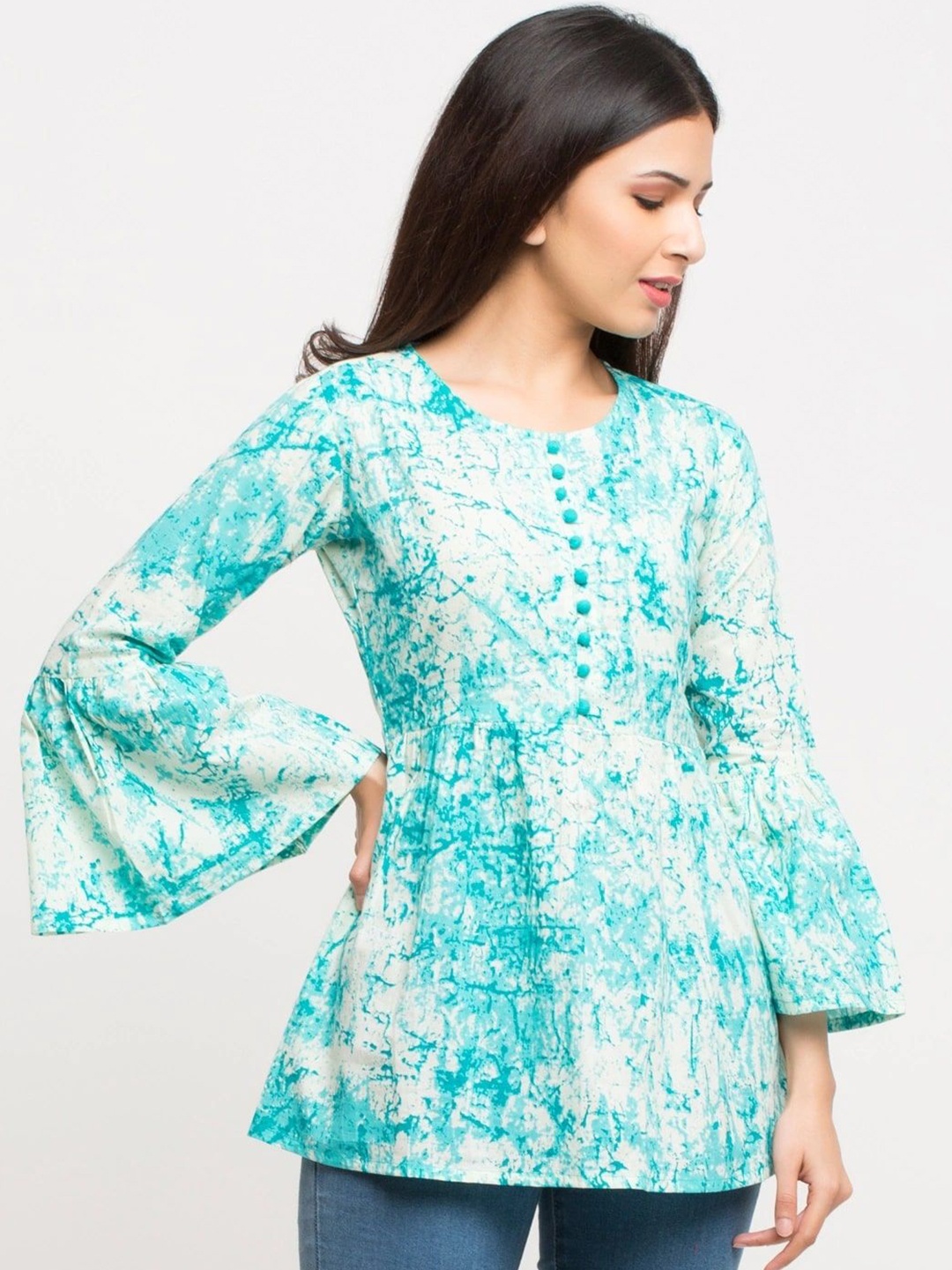 

KALINI Floral Printed Bell Sleeve Cotton Top, White