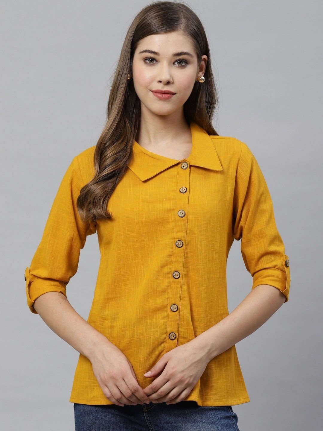 

KALINI Solid Roll-Up Sleeves Shirt Style Top, Yellow