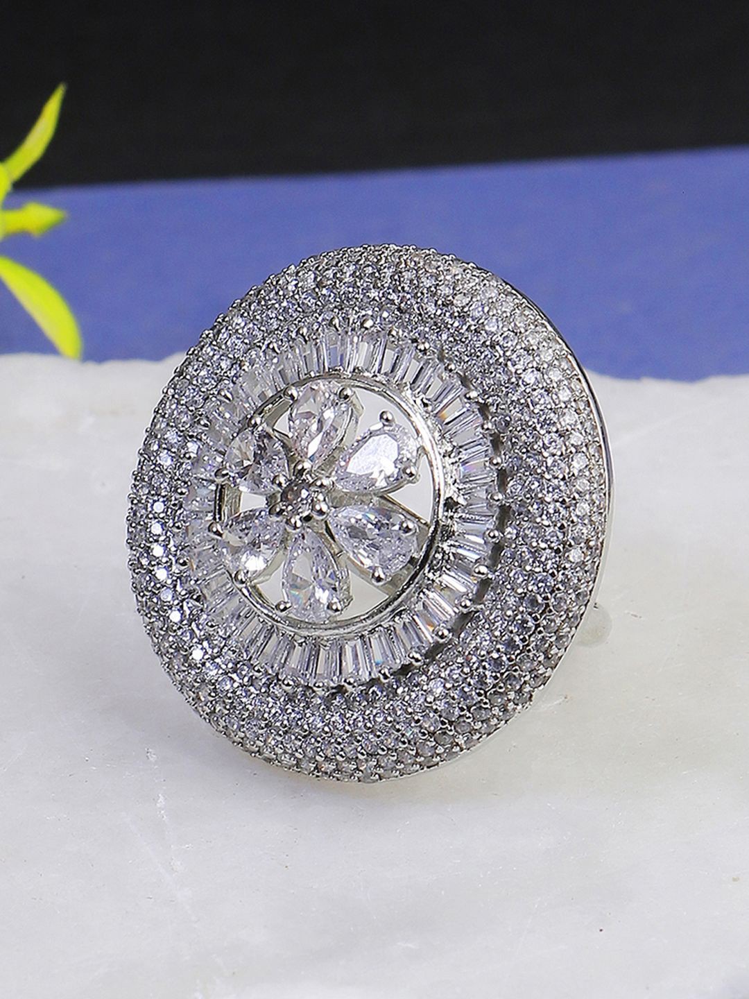 

Adwitiya Collection Rhodium Plated Stone Studded Adjustable Finger Ring, Silver