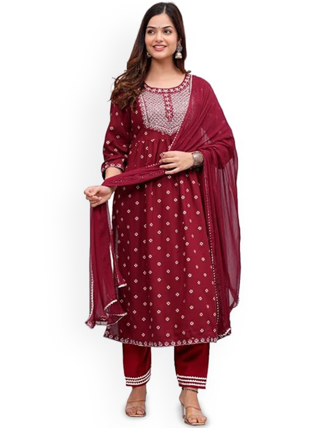 

KALINI Floral Printed Round Neck Straight Kurta With Trousers & Dupatta, Maroon
