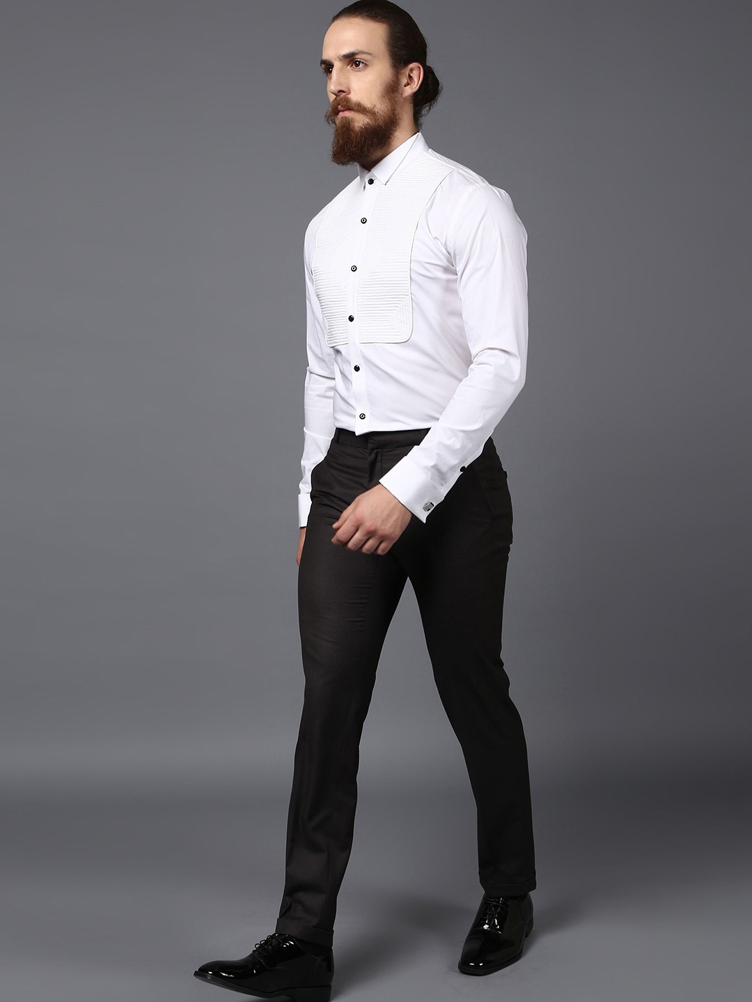 

SEVENDC Men Premium Casual Linear Tuxedo Shirt, White