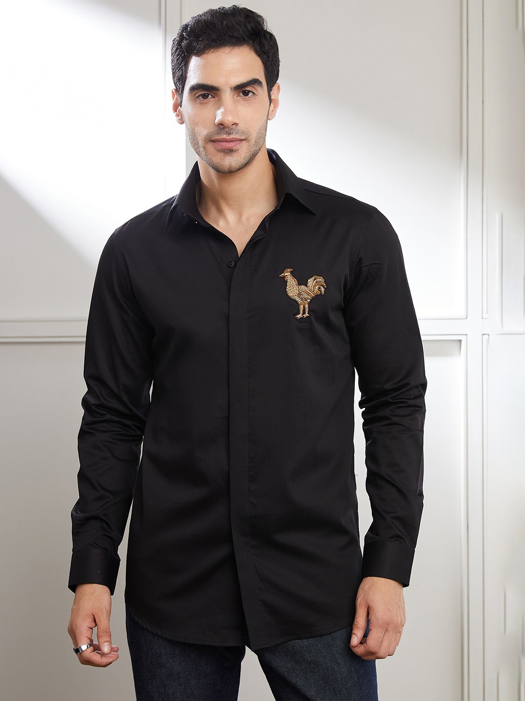 

SEVENDC Men Premium Casual Rooster Crest Shirt, Black