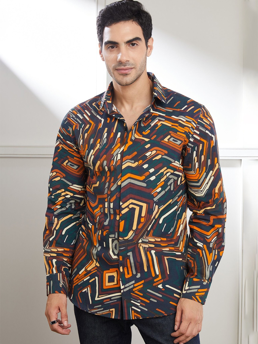 

SEVENDC Men Premium Printed Cotton Casual Shirt, Orange