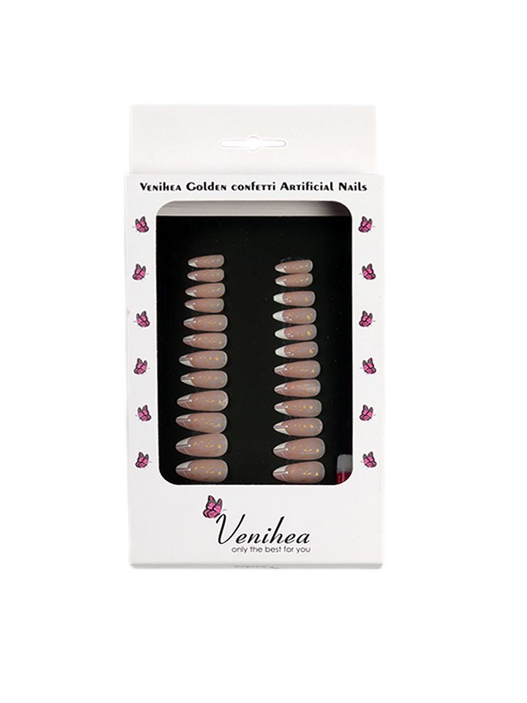 

Venihea Set Of 24 Golden Confetti Artificial Nail, Pink