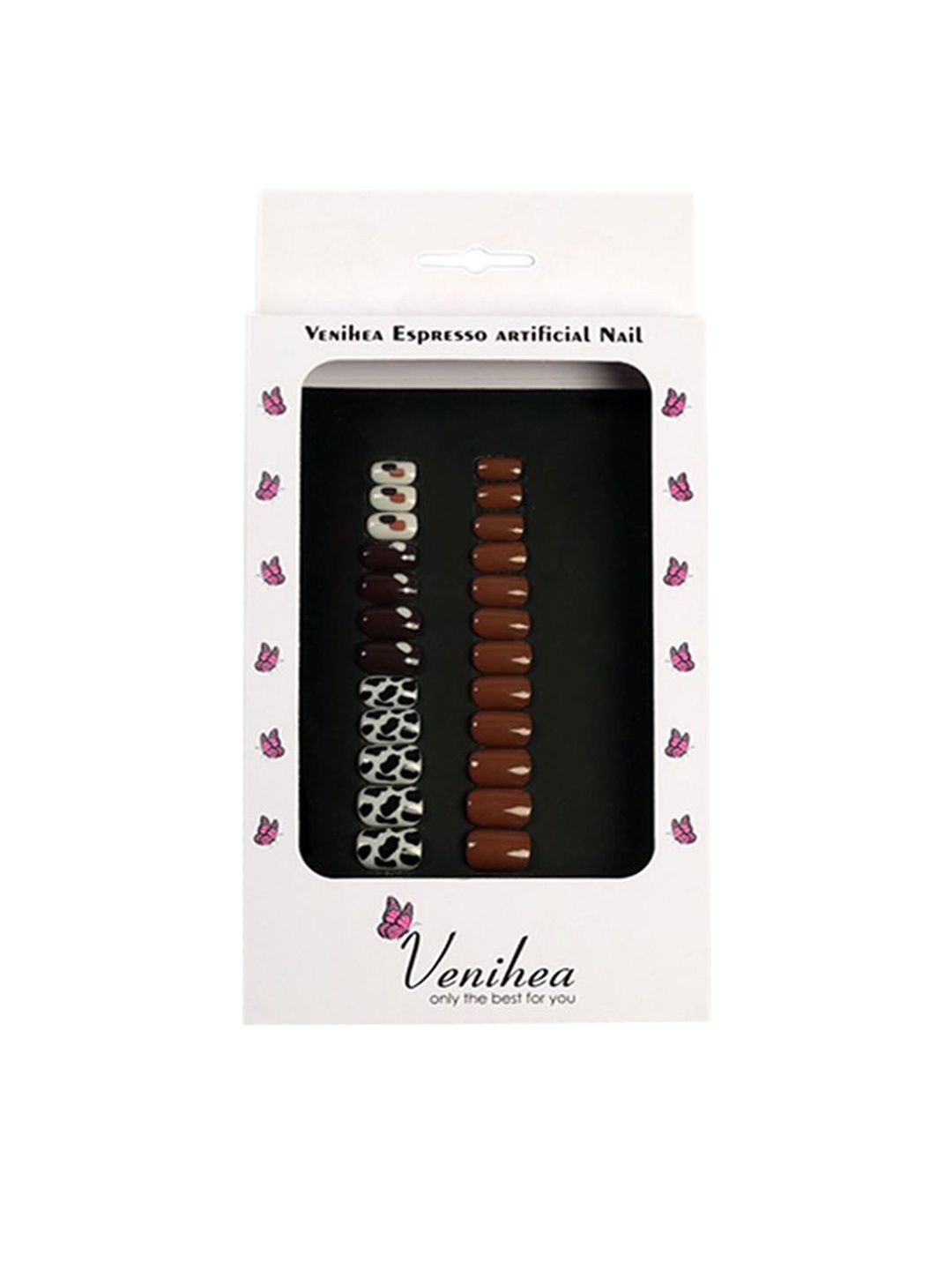 

Venihea Set Of 24 Espresso Artificial Nail- Black- White-Red