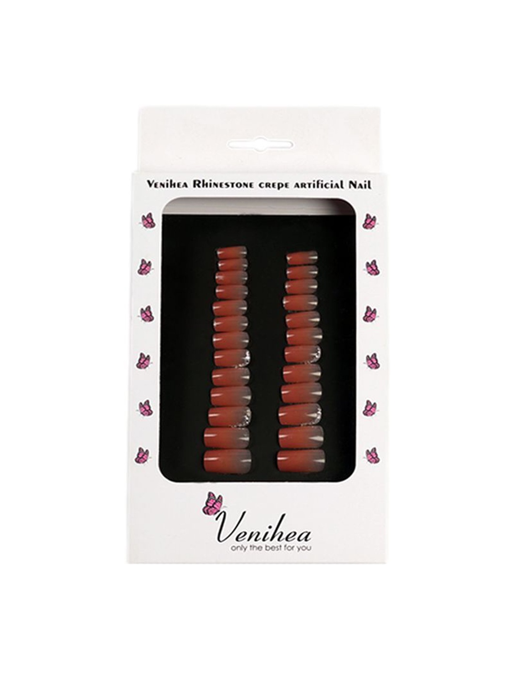 

Venihea Set Of 24 Rhinestone Crede Artificial Nail- Shimmary- Red