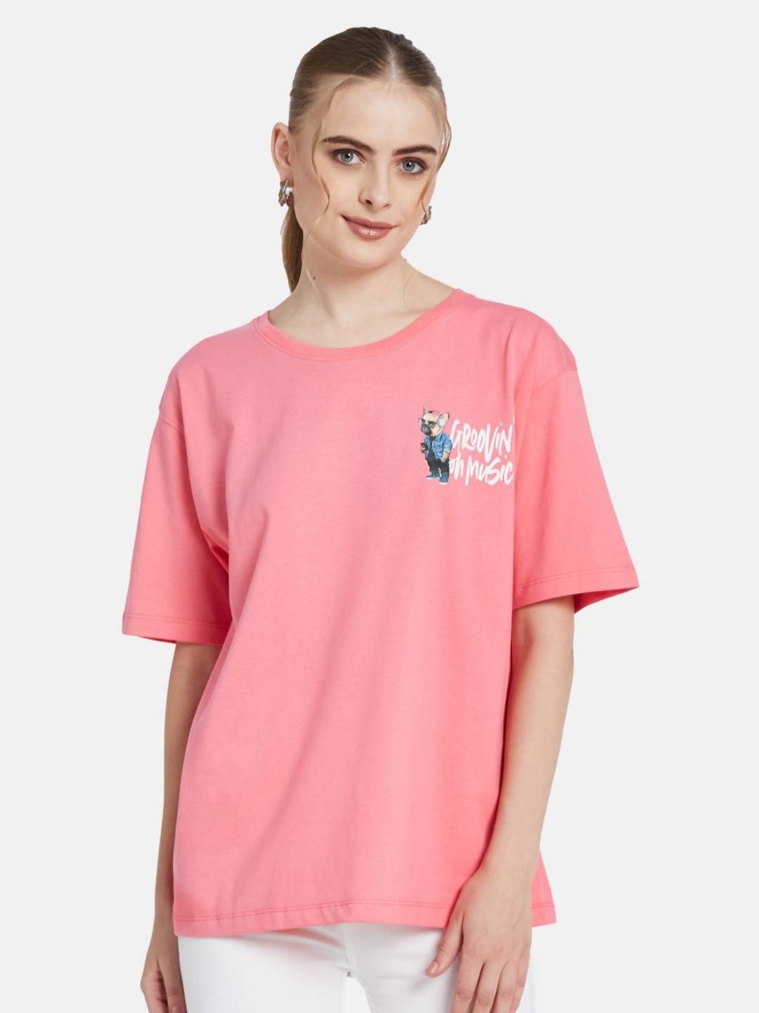

METTLE Women Solid Typography Applique T-shirt, Pink