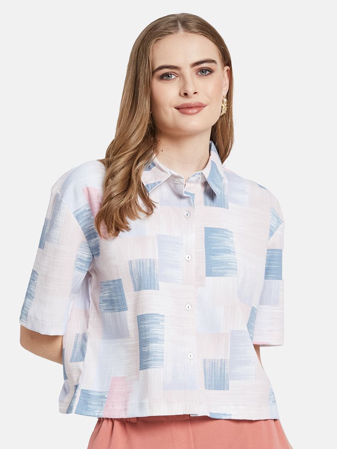 

METTLE Women Spread Collar Checked Cotton Casual Shirt, Blue