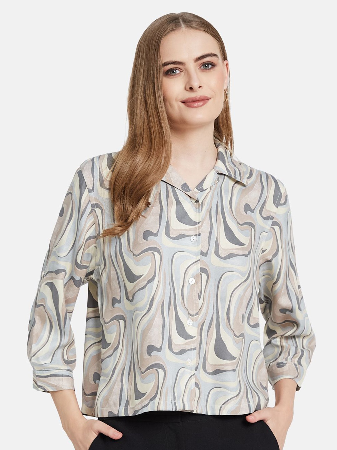 

METTLE Women Opaque Abstract Printed Cotton Casual Shirt, Cream