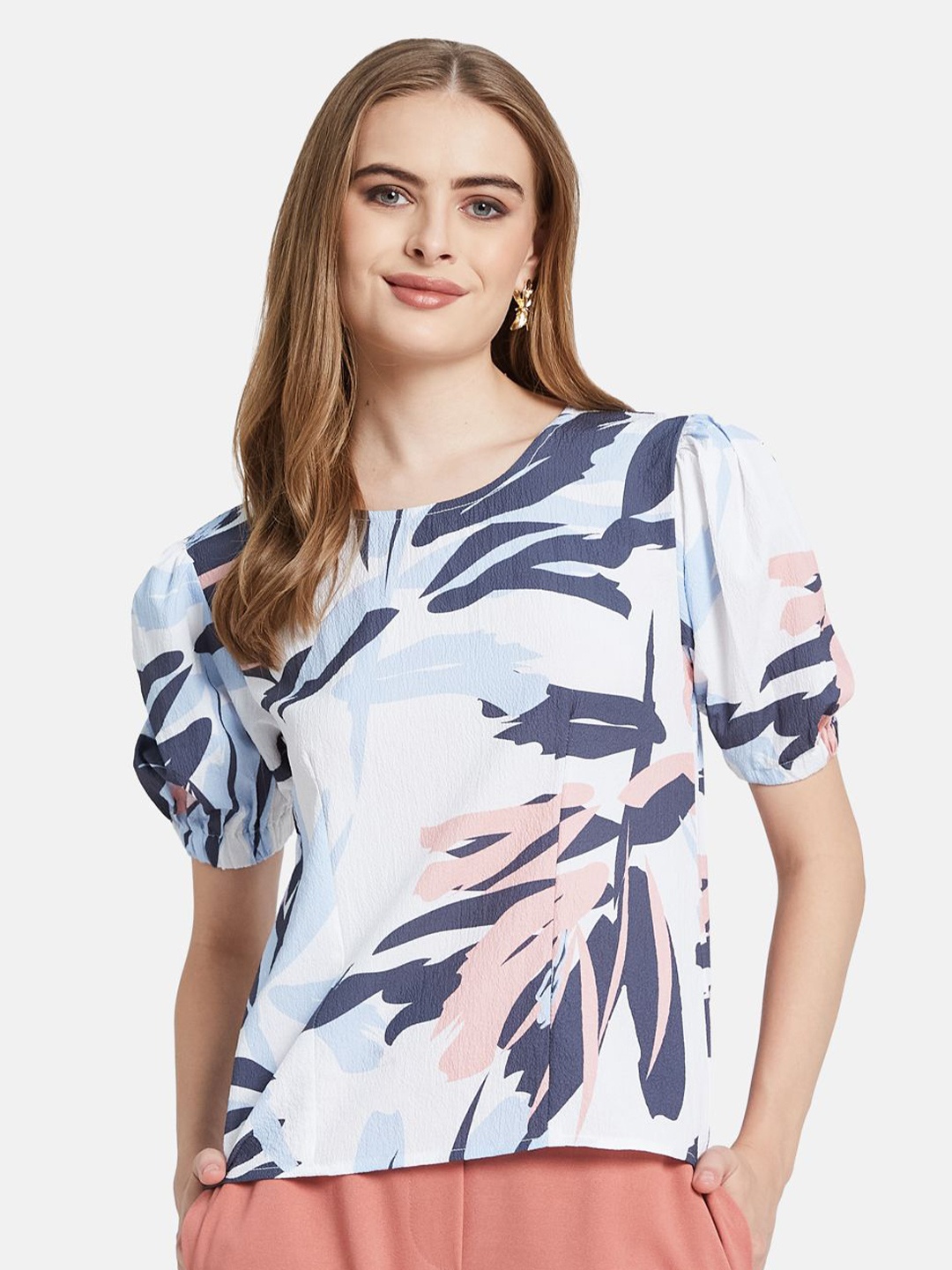 

METTLE Floral Print Puff Sleeve Cotton Top, Blue