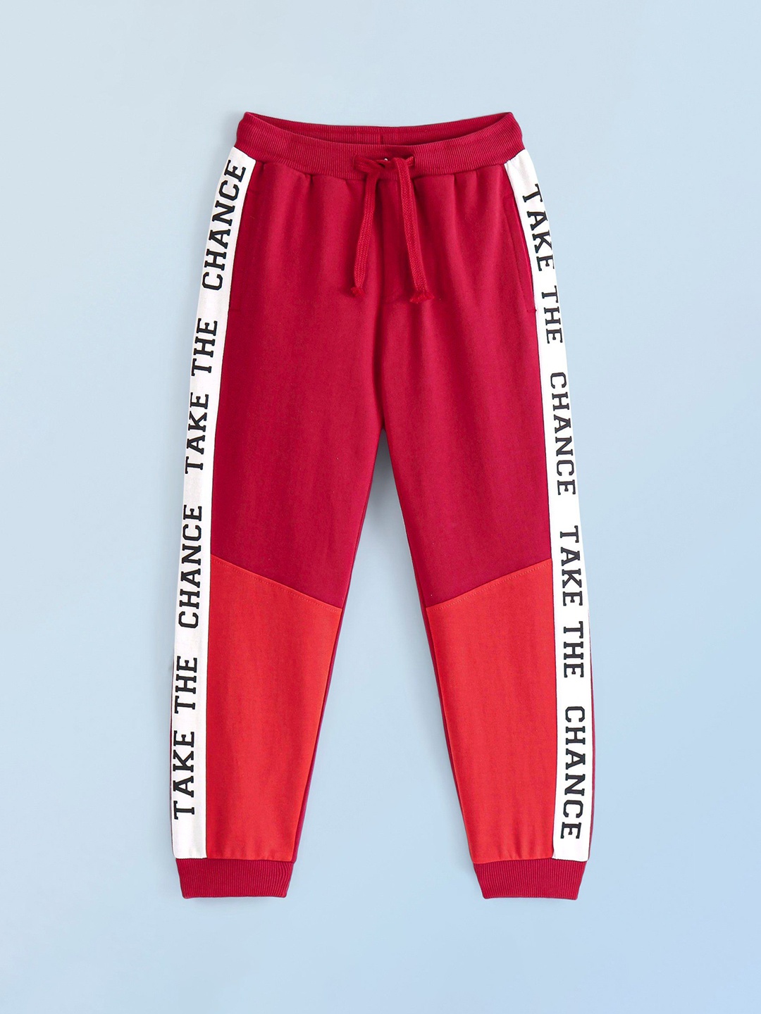 

Honeyhap Boys Colourblocked Mid-Rise Bio Finish Cotton Joggers Track Pants, Red