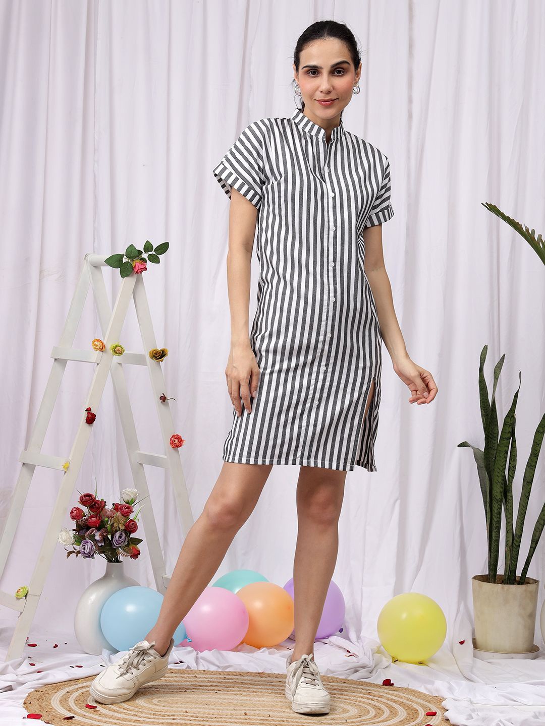 

NEUDIS Striped Mandarin Collar cotton Shirt Dress, Black