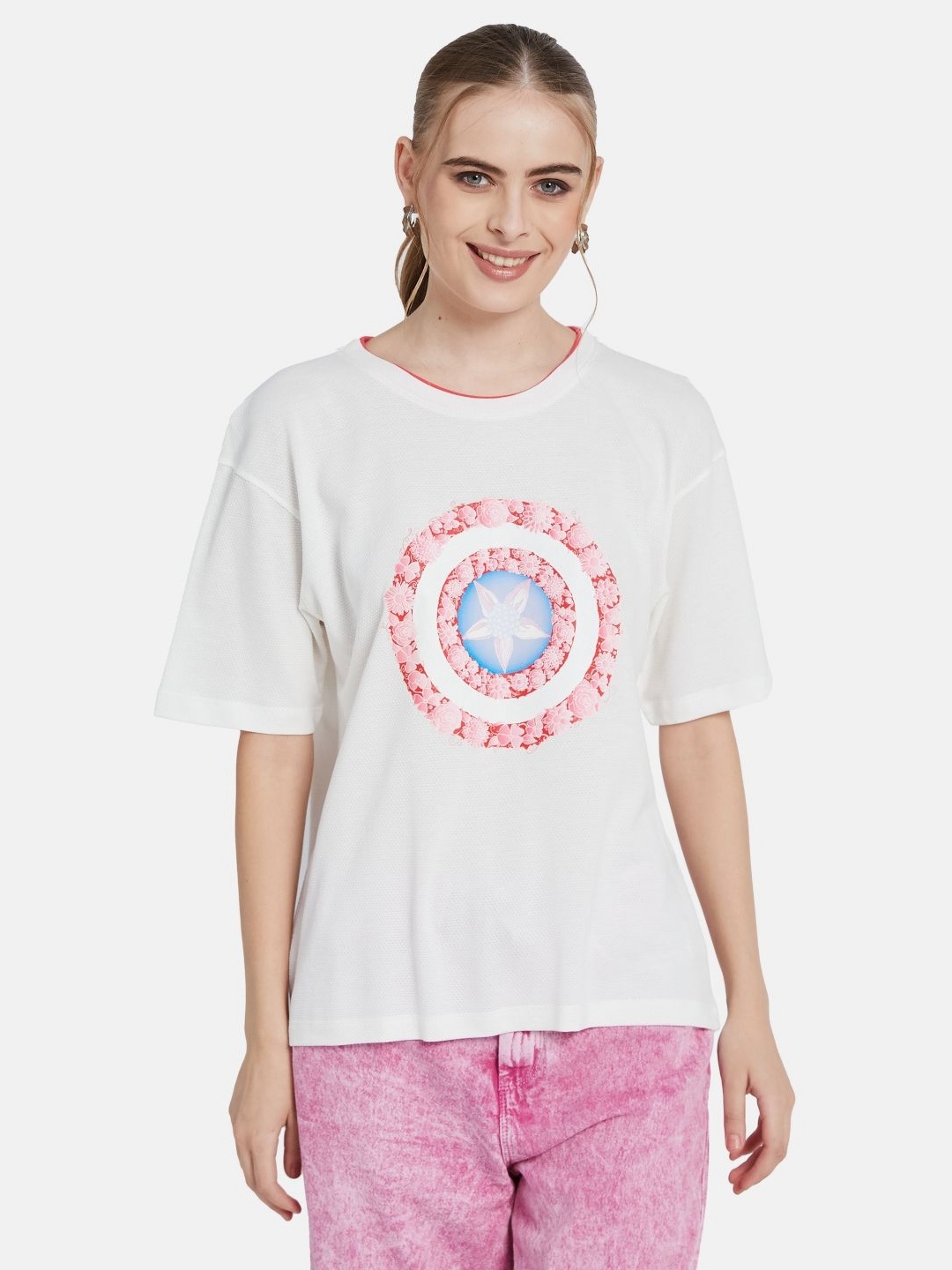 METTLE Women Printed Regular Fit T-shirt, Off white