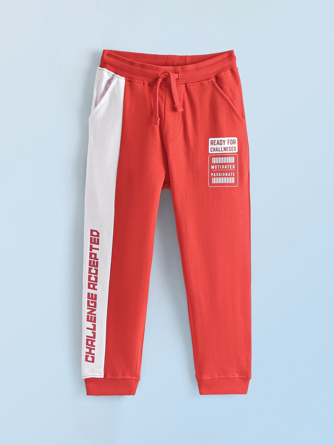 

Honeyhap Boys Colourblocked Mid-Rise Bio Finish Cotton Joggers Track Pants, Red