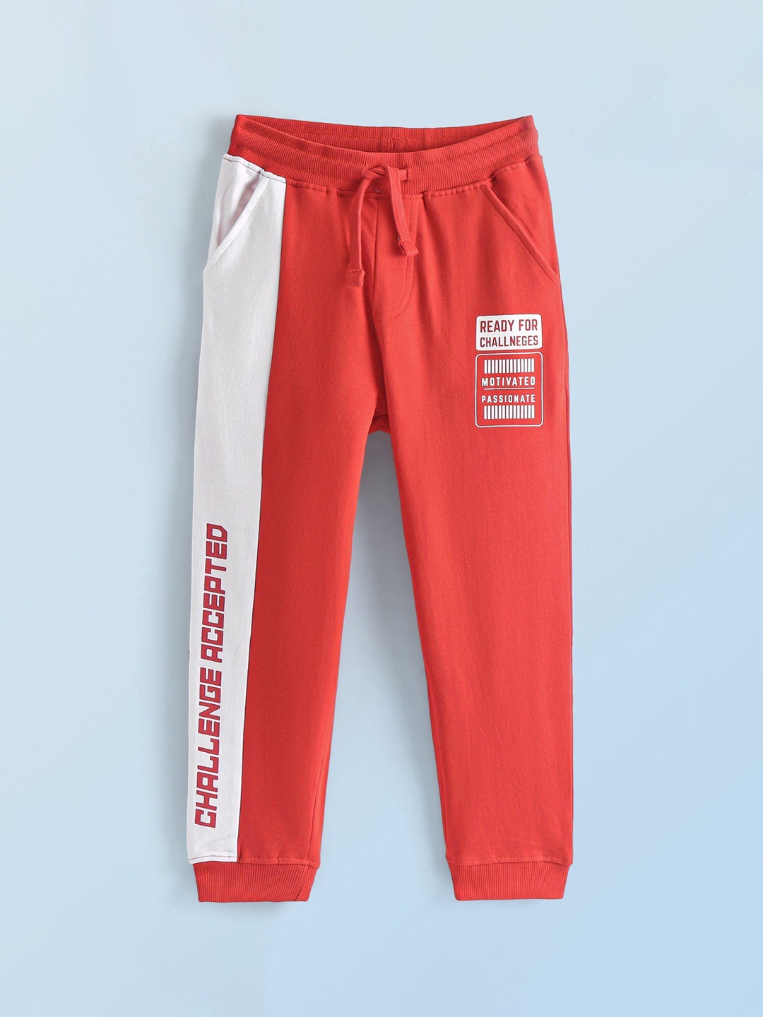 

Honeyhap Boys Colourblocked Mid-Rise Bio Finish Cotton Joggers Track Pants, Red
