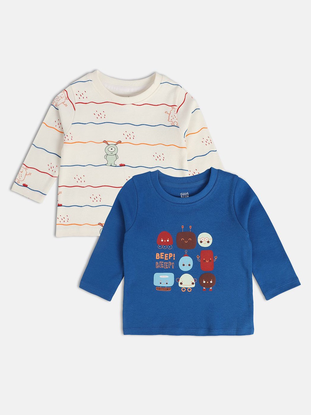 MINI KLUB Pack Of 2 Boys Conversational Printed Round Neck T-shirt, White