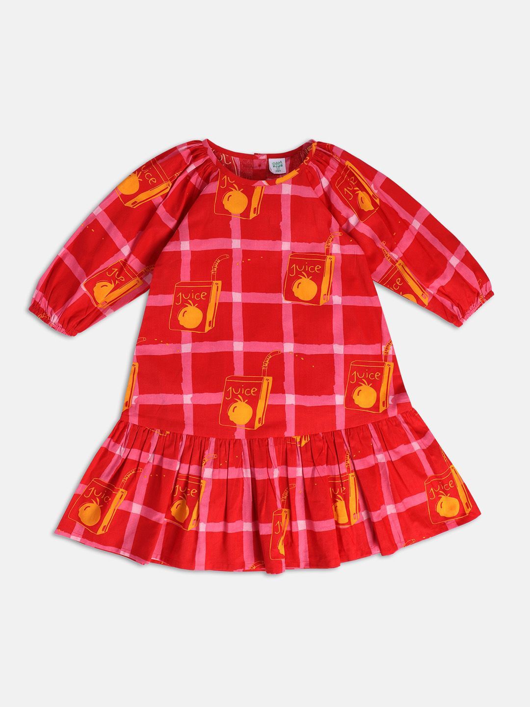 

MINI KLUB Girls Checked Puff Sleeve A-Line Dress, Red