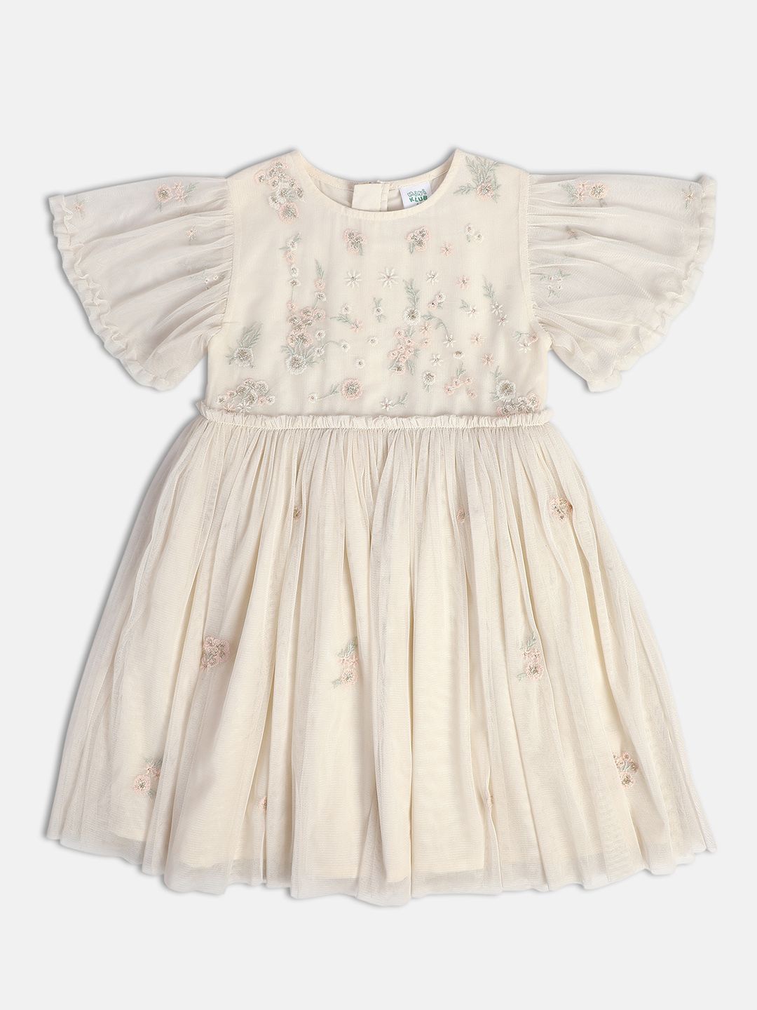 

MINI KLUB Girls Floral Embroidered Flared Sleeve Fit & Flare Dress, Cream