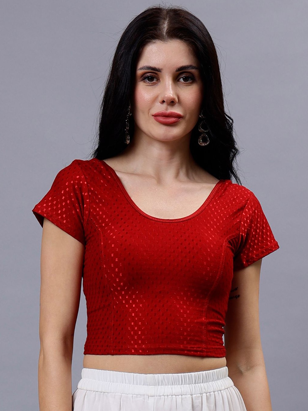 

Plus Size Woven Design Short Sleeve Saree Blouse, Maroon