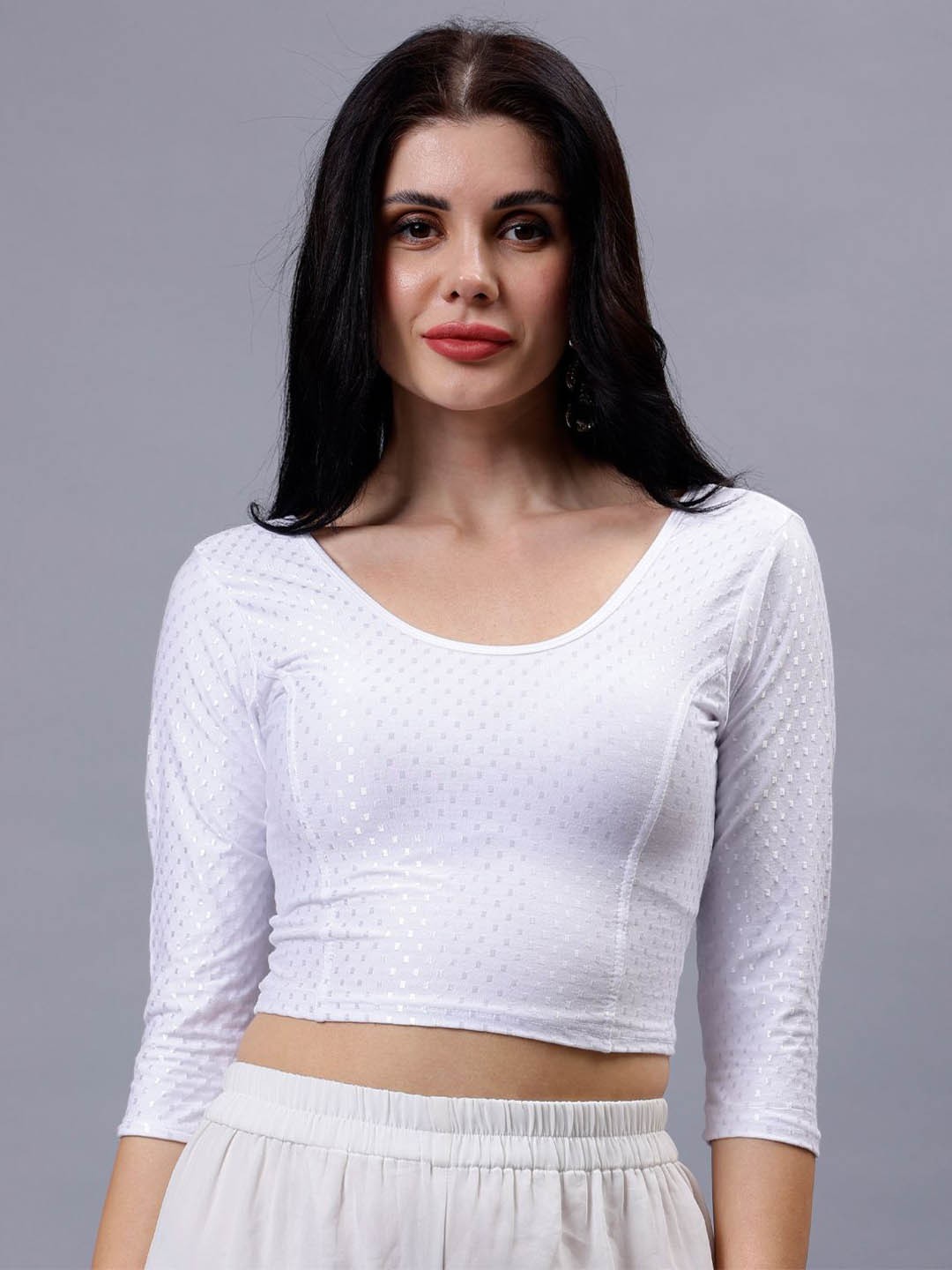

Plus Size Women Woven Design Round Neck Full Sleeves Cotton Saree Blouse, White