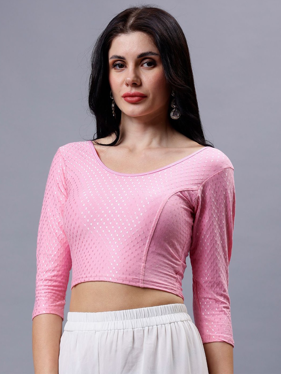 

Plus Size Woven Design Saree Blouse, Pink