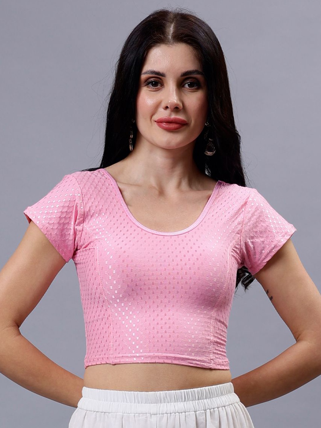 Plus Size Woven Design Short Sleeve Saree Blouse, Pink