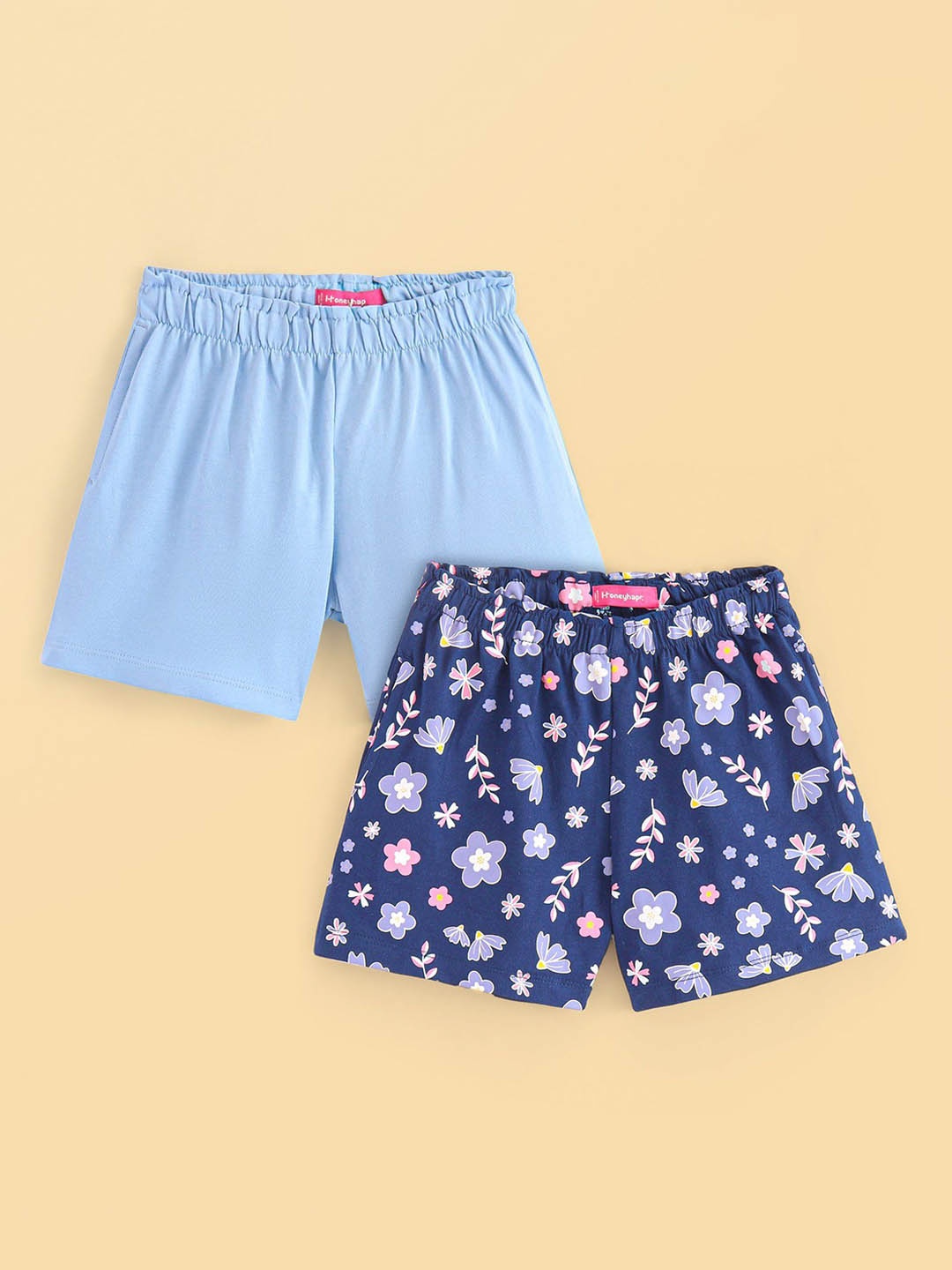 

Honeyhap Pack of 2 Girls Floral Printed Cotton Shorts, Navy blue