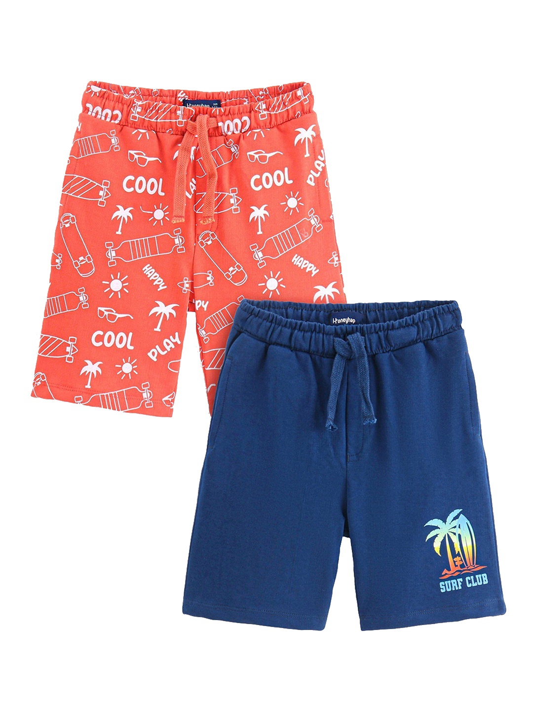 Honeyhap Pack Of 2 Boys Cotton Mid-Rise Printed Outdoor Shorts, Navy blue
