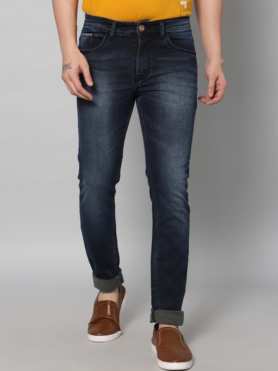 

RJ Denim Men Slim Fit Heavy Fade Stretchable Jeans, Navy blue