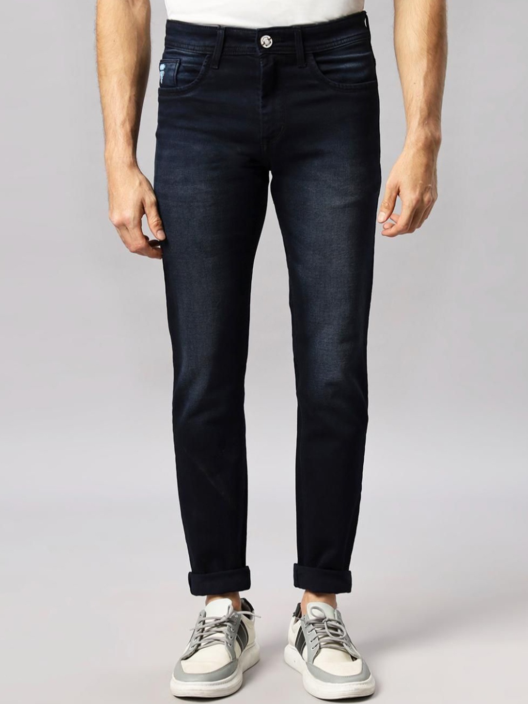 

RJ Denim Men Slim Fit Mid-Rise Light Fade Stretchable Jeans, Navy blue