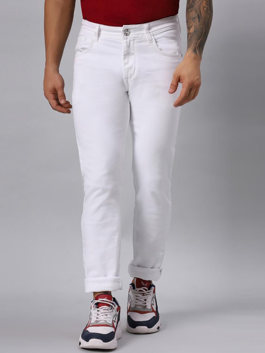 

RJ Denim Men Solid Mid-Rise Slim Fit Low Distress Stretchable Jeans, White