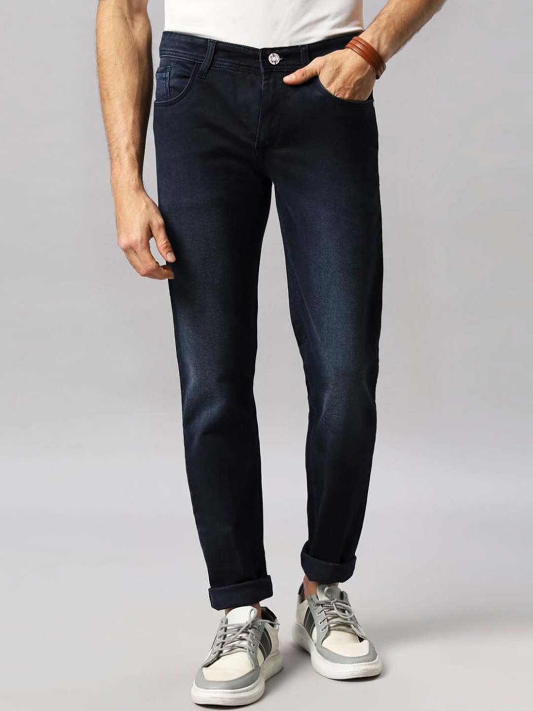 

RJ Denim Men Slim Fit Light Fade Stretchable Jeans, Navy blue