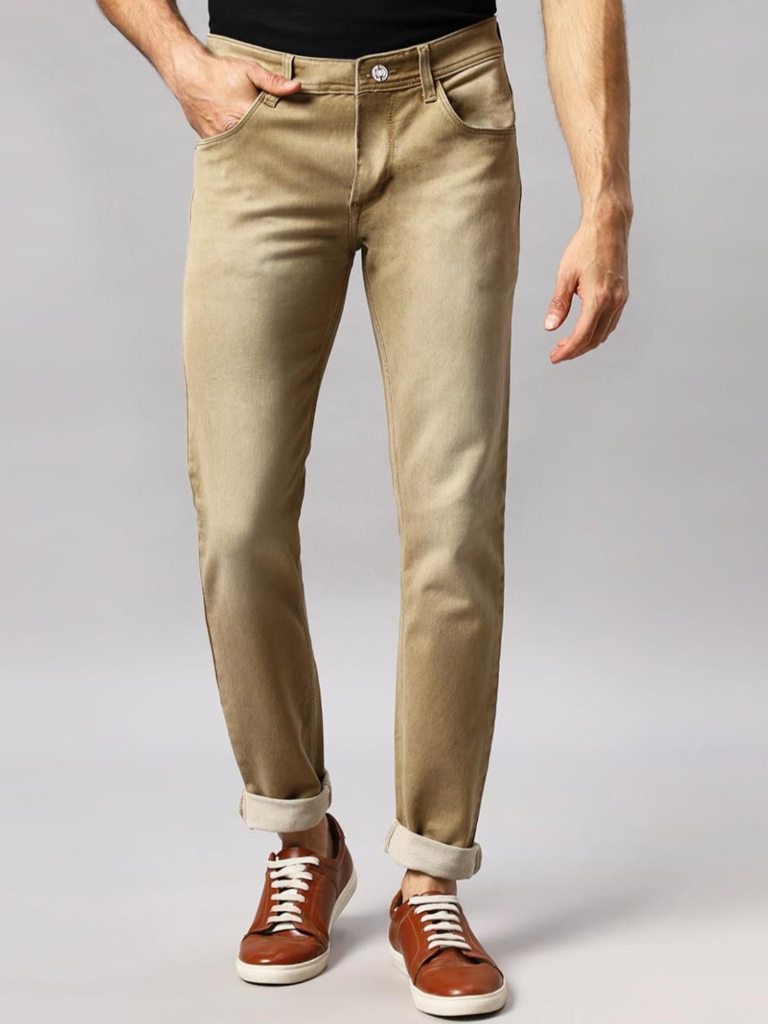 

RJ Denim Men Slim Fit Mid-Rise Light Fade Stretchable Jeans, Brown