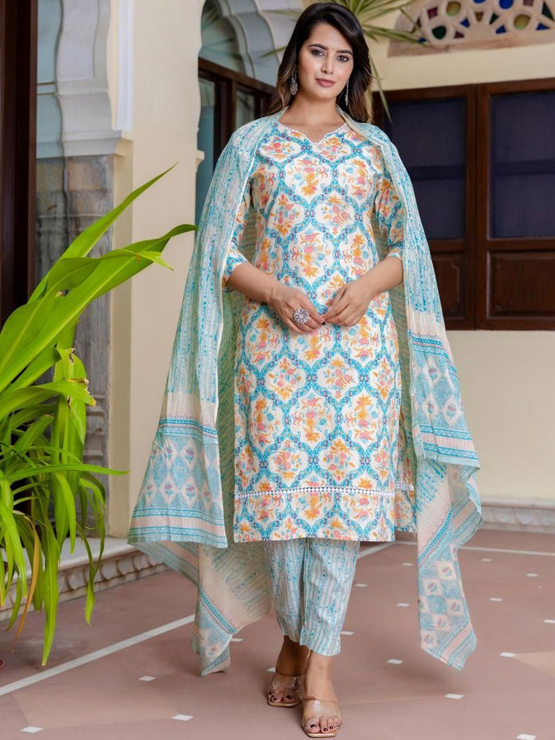 Aaysa Kurti Floral Printed Straight Pure Cotton Kurta with Trousers & Dupatta, Blue