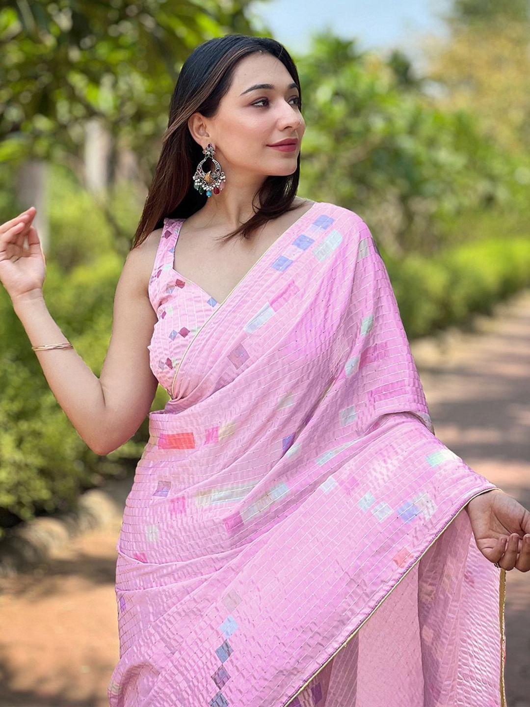 

Mitera Embellished Sequinned Satin Saree With Blouse Piece, Pink