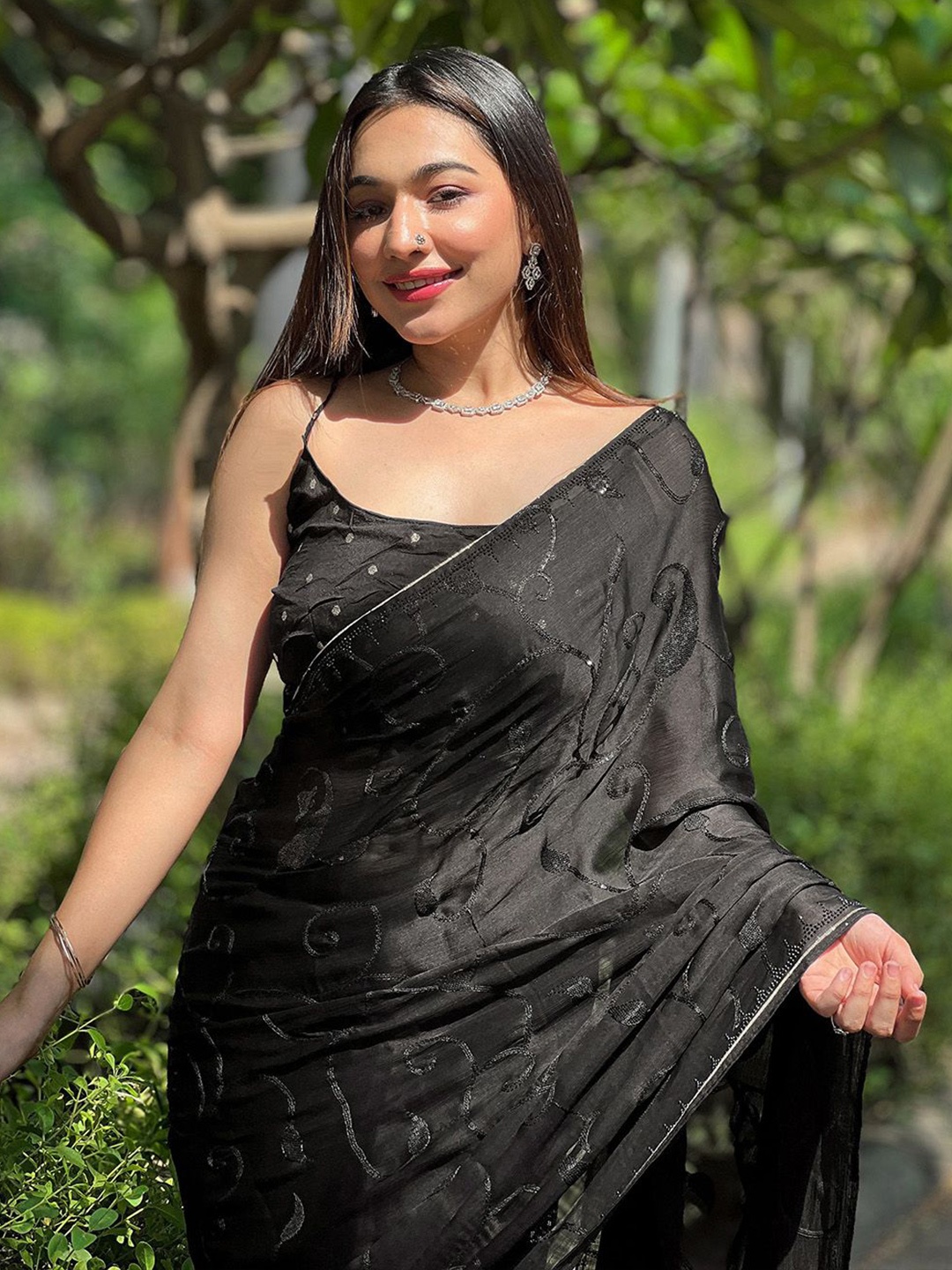 

Mitera Embellished Sequinned Satin Saree, Black