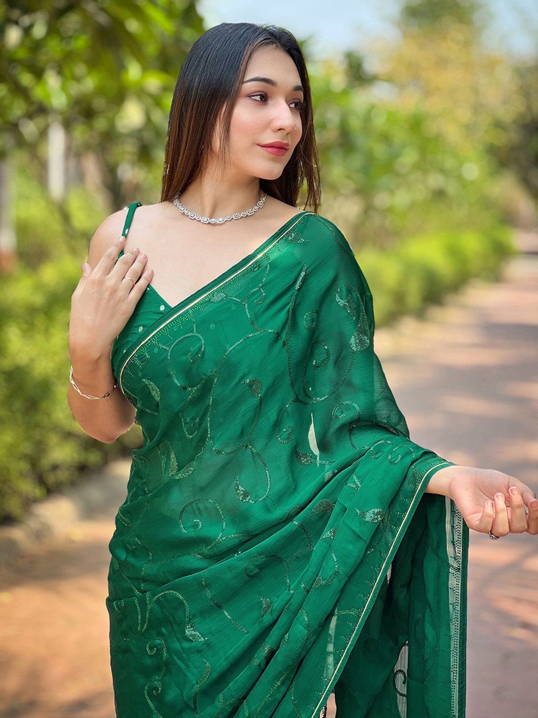 

Mitera Embellished Sequinned Satin Saree, Green