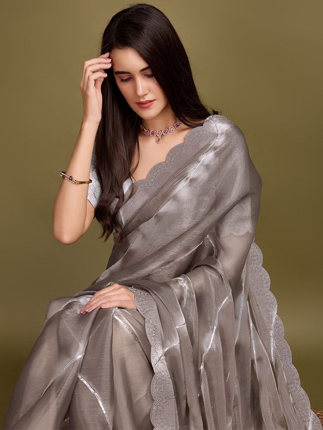 

Mitera Tie and Dye Gotta Patti Organza Saree, Brown