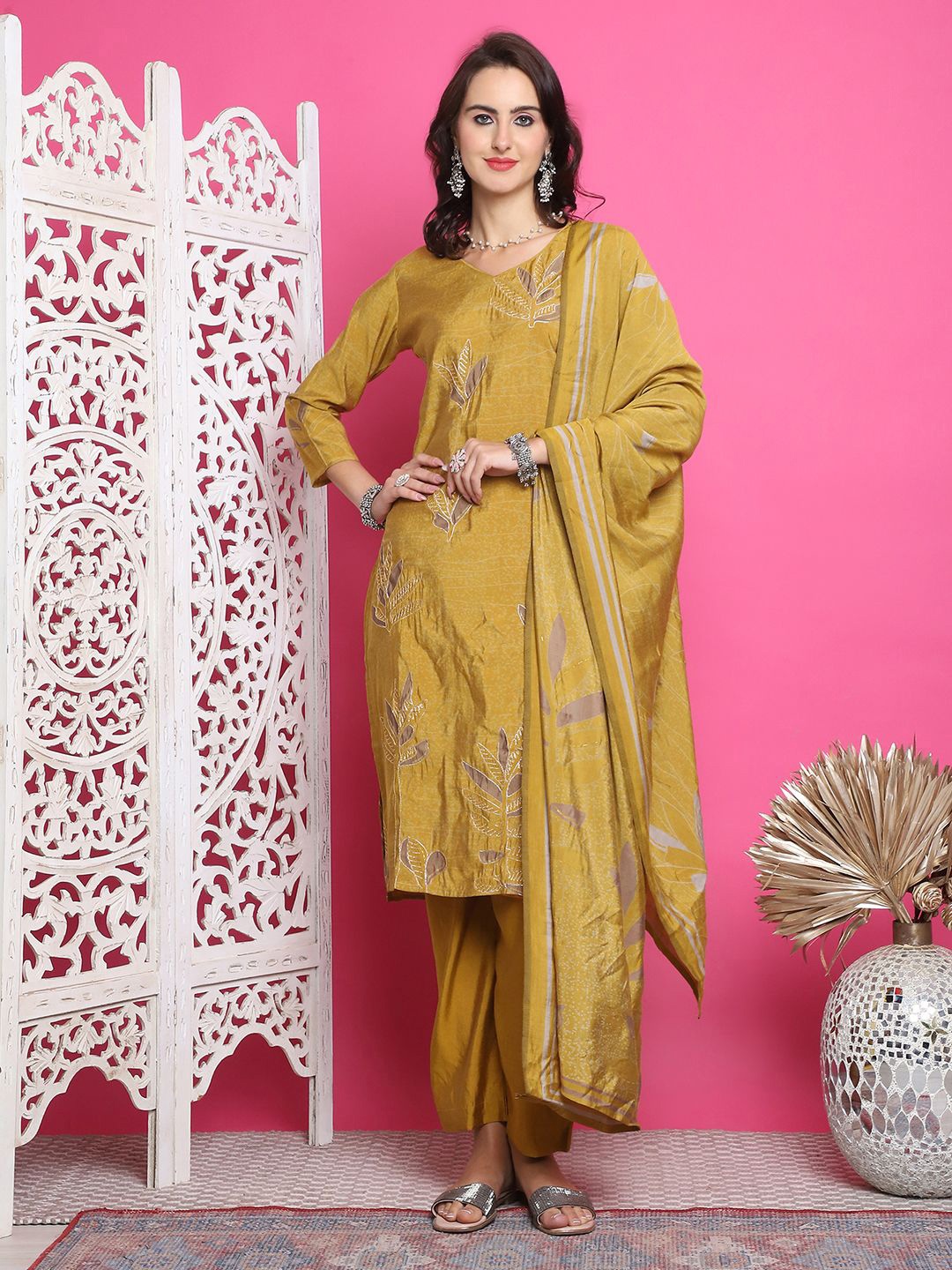 

Stylee LIFESTYLE Floral Printed Pure Silk Unstitched Dress Material, Mustard