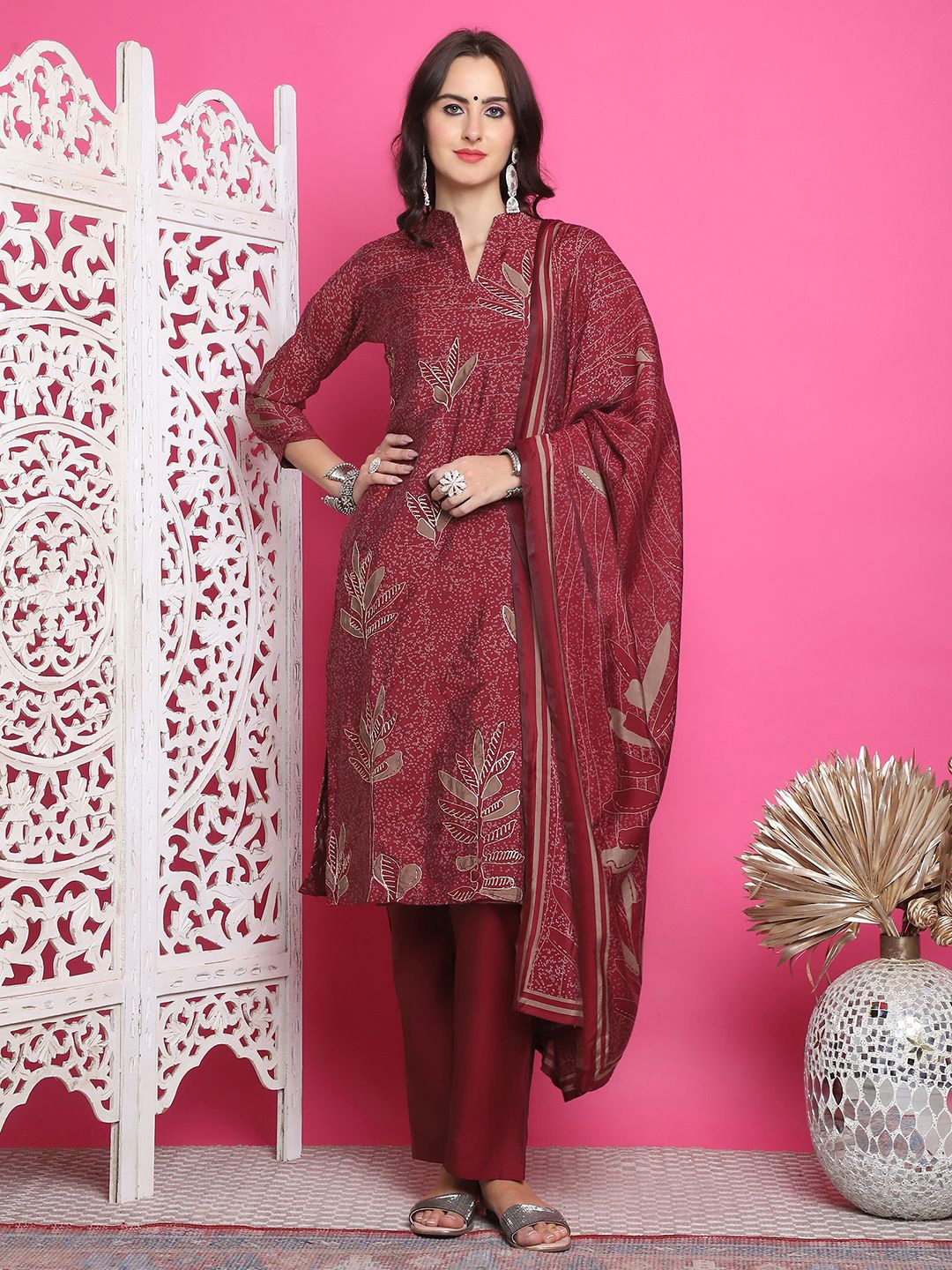 

Stylee LIFESTYLE Printed Pure Silk Unstitched Dress Material, Maroon